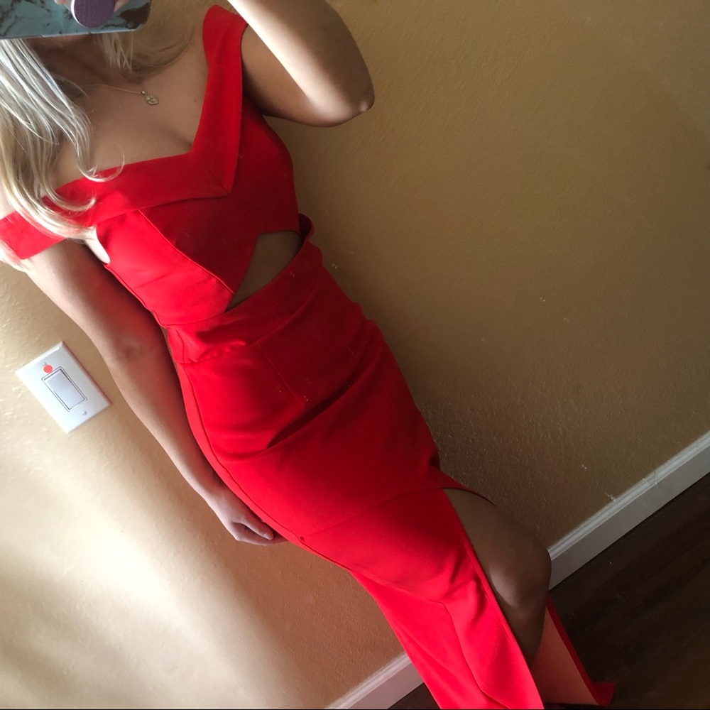 Red Cut Out Off Shoulder Formal Dress Maxi Slit